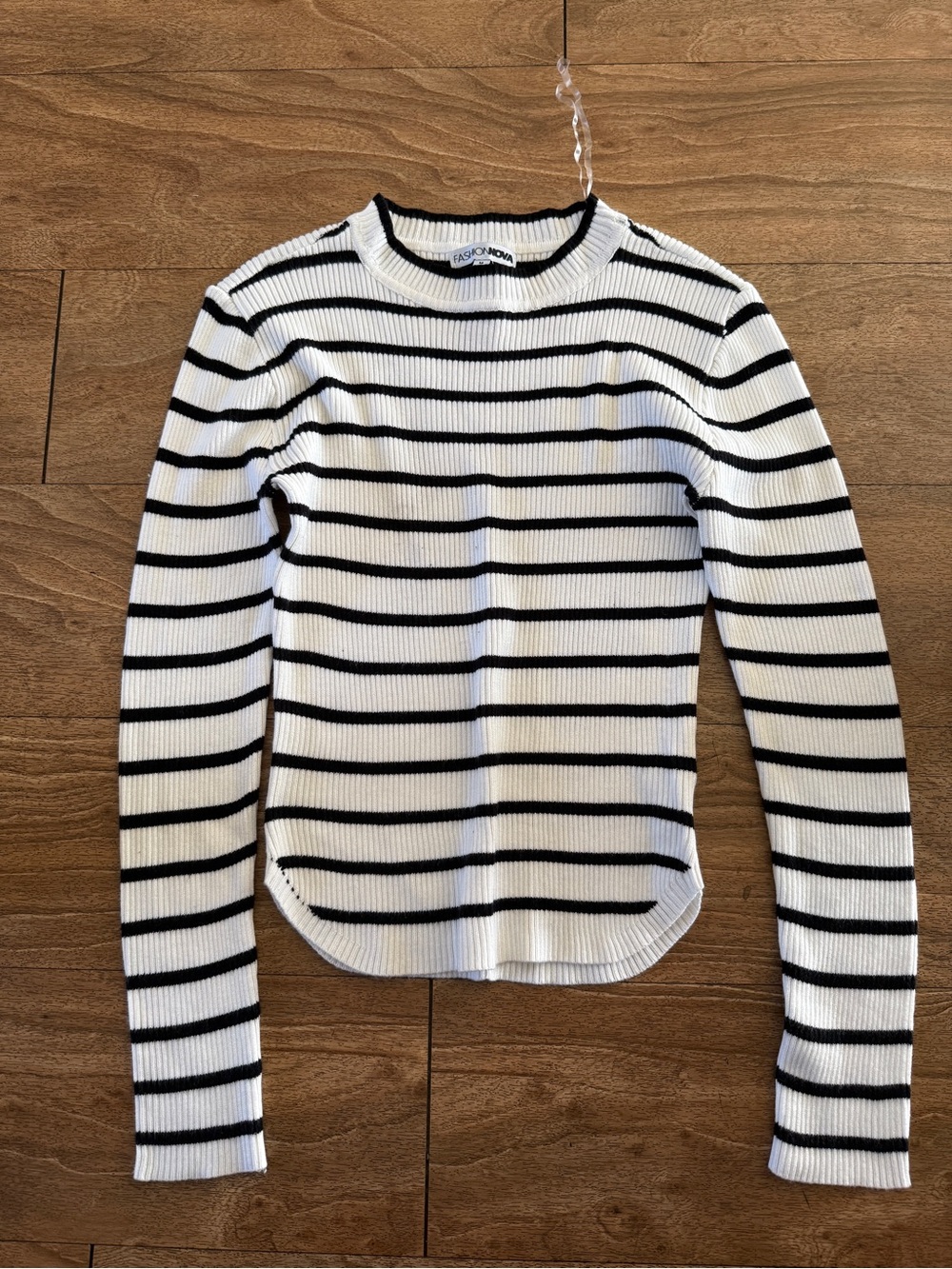 Fashion Nova White & Black Striped Ribbed Crewneck Sweater